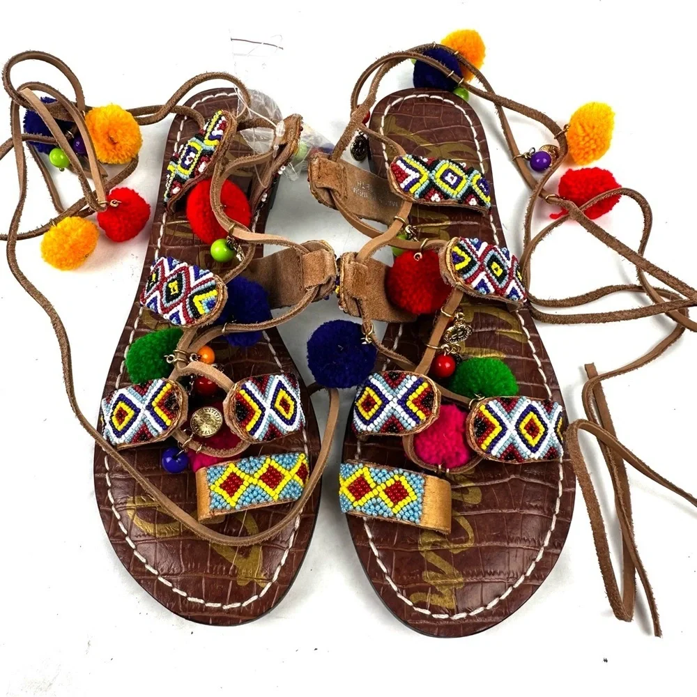 Sam Edelman Lisabeth Sandals 6 Lace Up Beaded Pom‎ Pom Bohemian Brand New
